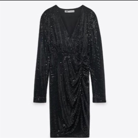NWT Zara Black Sparkly Ruched Festive Party Dress - Picture 7 of 17